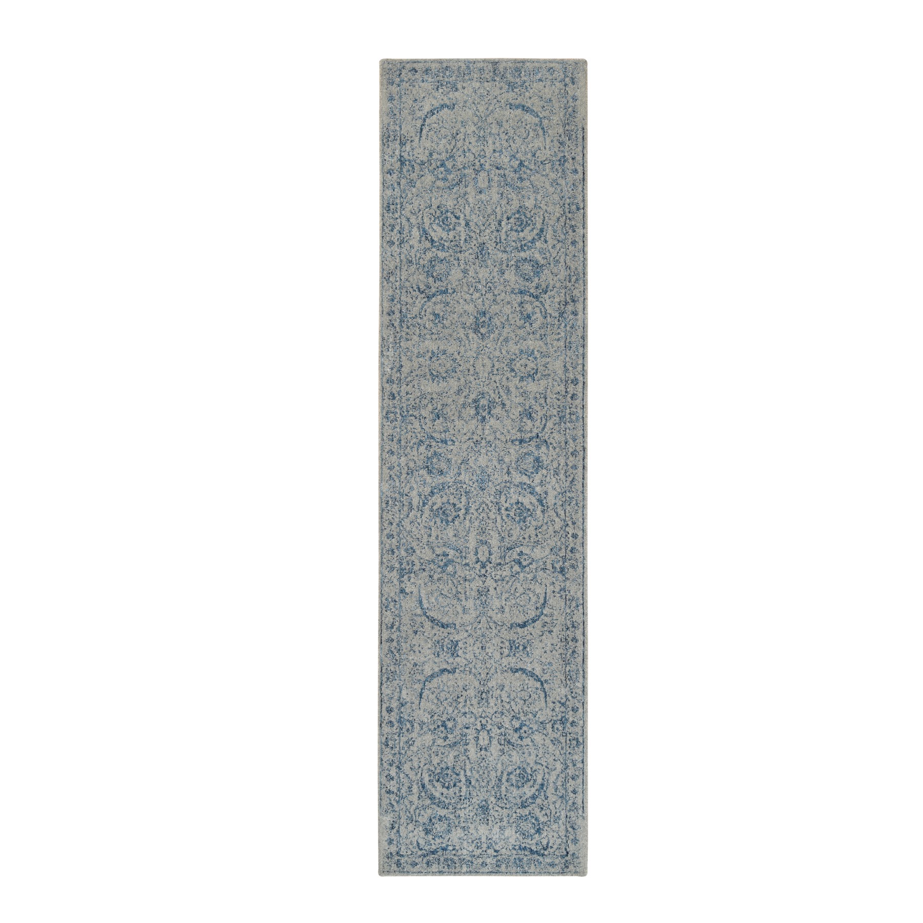 2'6"x10' Wool and Plant Based Silk Hand Loomed Gray Fine Jacquard with Sickle Leaf Design Oriental Runner Rug 